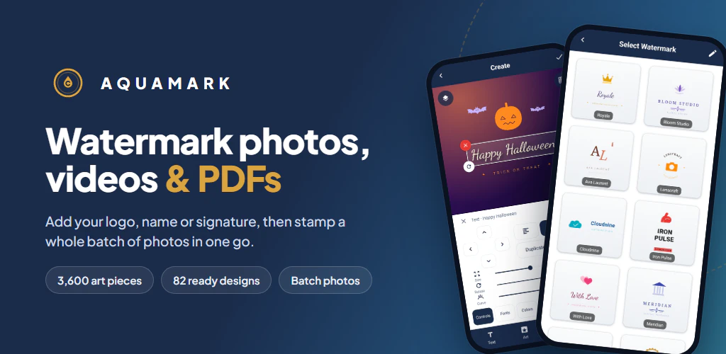Aquamark: watermark photos, videos and PDFs. Add your logo, name or signature, then stamp a whole batch of photos in one go. Shown with the Create and Select Watermark screens.