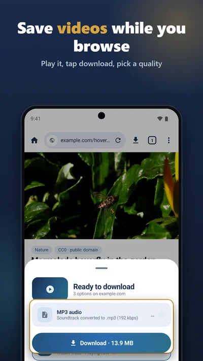 Save videos while you browse: the download sheet with quality options and MP3, and the Download button