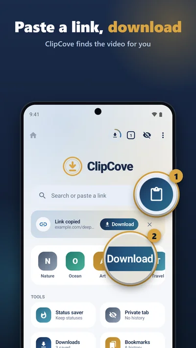 Paste a link, download: the home screen with the paste button and the copied-link Download pill