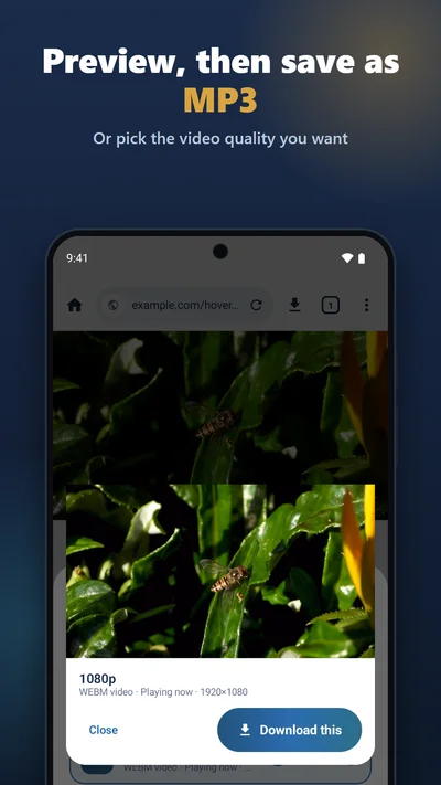 Preview, then save as MP3: the preview player before saving, with a choice of video quality