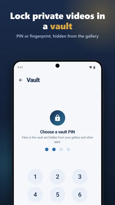 Lock private videos in a vault: the vault PIN screen, with fingerprint unlock