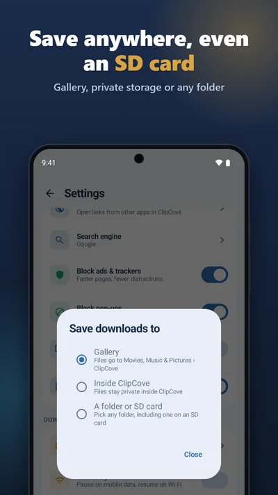 Save anywhere, even an SD card: the save-location dialog with gallery, in-app storage and folder options
